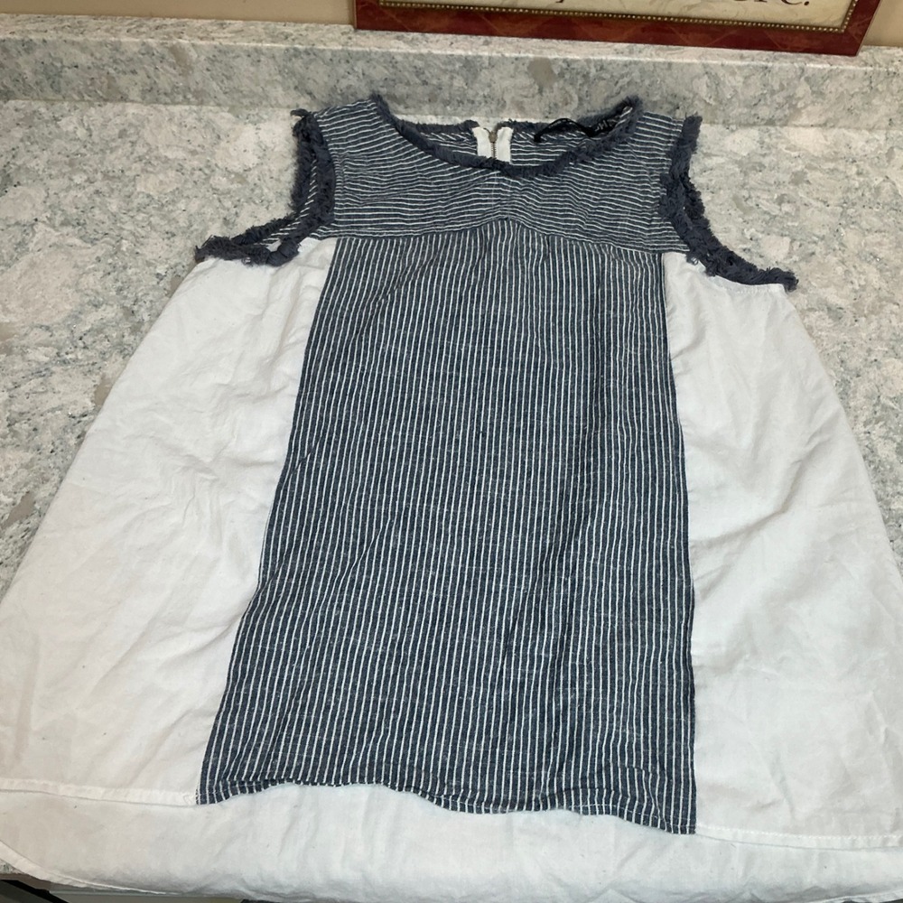 Doe & Rae Sleeveless Top Large Blue White Striped Frayed Trim Cotton Blouse